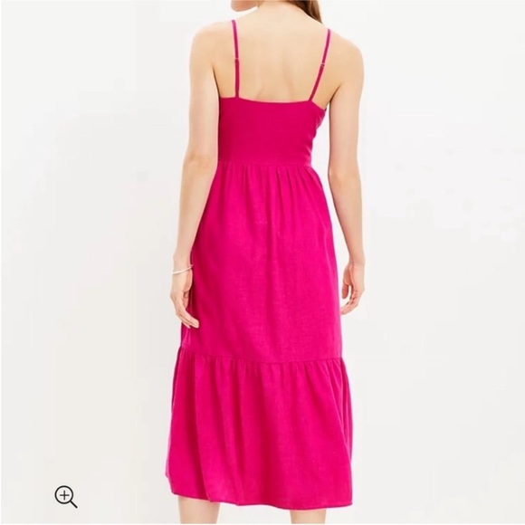 NWT LOFT Beach Tie Front Bow Strappy Linen Blend Midi Dress Hot Pink vacation - Picture 4 of 11